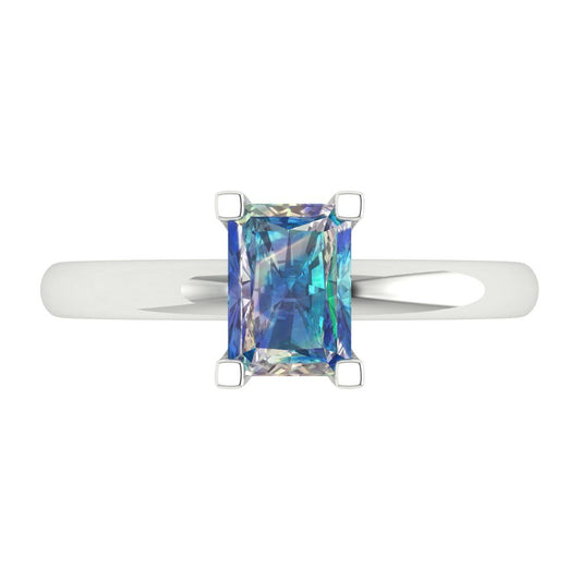 1 cttw Blue Moissanite Solitaire  Engagement Ring - Solid White Gold (VVS1, Emerald Cut,7X5mm)