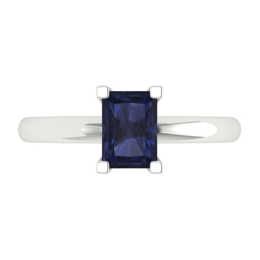 1 cttw Simulated Blue Sapphire Solitaire  Engagement Ring - Solid White Gold (VVS1, Emerald Cut,7X5mm)