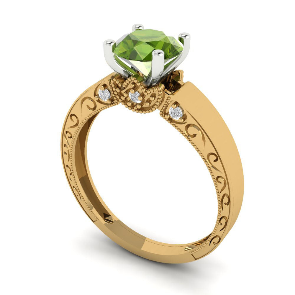 1.06 cttw Natural Peridot Solitaire  Engagement Ring - Solid Yellow/White Gold (VVS1, Round Cut,6.5mm)