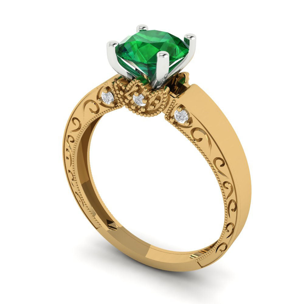 1.06 cttw Simulated Emerald Solitaire  Engagement Ring - Solid Yellow/White Gold (VVS1, Round Cut,6.5mm)