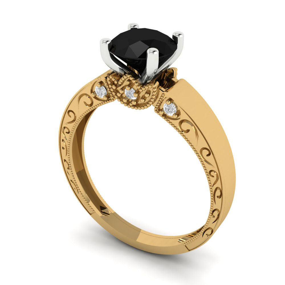 1.06 cttw Natural Onyx Solitaire  Engagement Ring - Solid Yellow/White Gold (VVS1, Round Cut,6.5mm)
