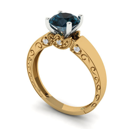 1.06 cttw Natural London Blue Topaz Solitaire  Engagement Ring - Solid Yellow/White Gold (VVS1, Round Cut,6.5mm)