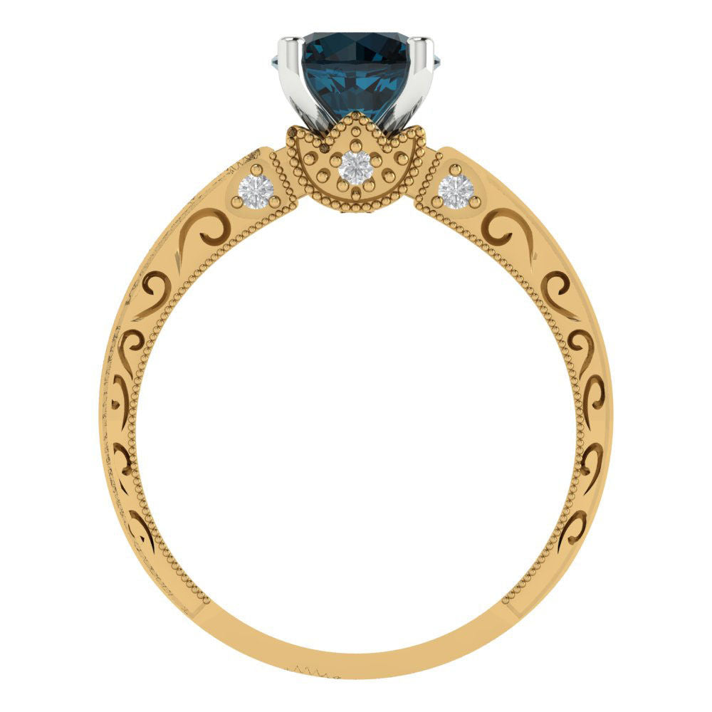 1.06 cttw Natural London Blue Topaz Solitaire  Engagement Ring - Solid Yellow/White Gold (VVS1, Round Cut,6.5mm)