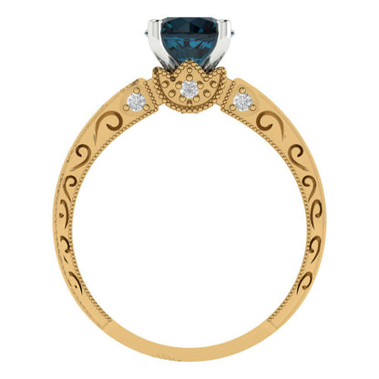 1.06 cttw Natural London Blue Topaz Solitaire  Engagement Ring - Solid Yellow/White Gold (VVS1, Round Cut,6.5mm)