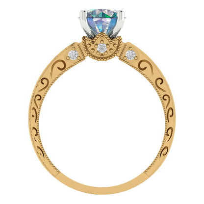 1.06 cttw Blue Moissanite Solitaire  Engagement Ring - Solid Yellow/White Gold (VVS1, Round Cut,6.5mm)