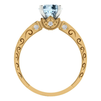 1.06 cttw Natural Aquamarine Solitaire  Engagement Ring - Solid Yellow/White Gold (VVS1, Round Cut,6.5mm)