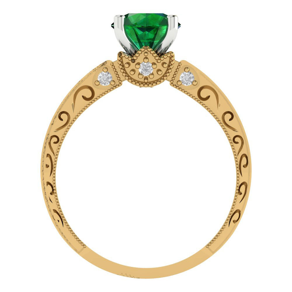1.06 cttw Simulated Emerald Solitaire  Engagement Ring - Solid Yellow/White Gold (VVS1, Round Cut,6.5mm)