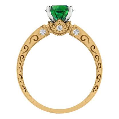 1.06 cttw Simulated Emerald Solitaire  Engagement Ring - Solid Yellow/White Gold (VVS1, Round Cut,6.5mm)