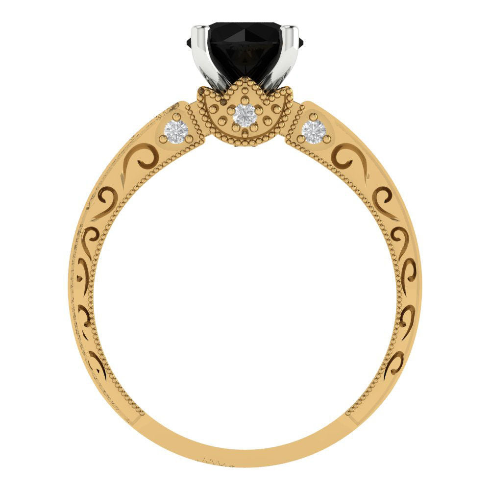 1.06 cttw Natural Onyx Solitaire  Engagement Ring - Solid Yellow/White Gold (VVS1, Round Cut,6.5mm)