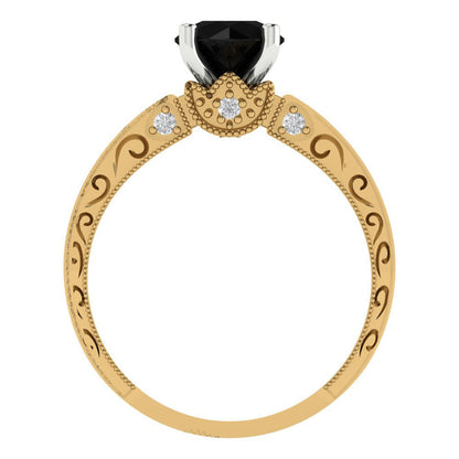 1.06 cttw Natural Onyx Solitaire  Engagement Ring - Solid Yellow/White Gold (VVS1, Round Cut,6.5mm)