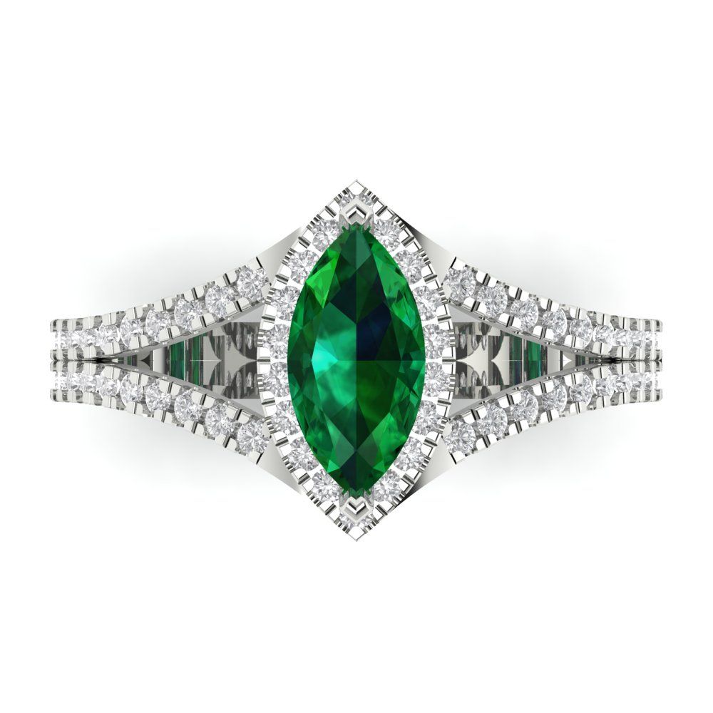 1.2 cttw Simulated Emerald Hidden Halo Engagement Ring - Solid Gold (Marquise Cut,9x4.5mm)