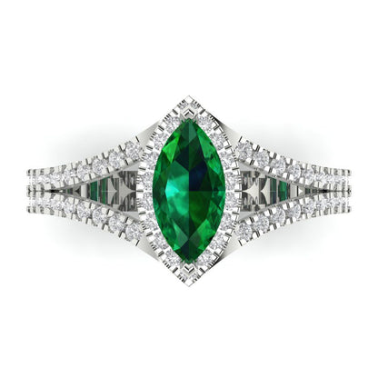 1.2 cttw Simulated Emerald Hidden Halo Engagement Ring - Solid Gold (Marquise Cut,9x4.5mm)