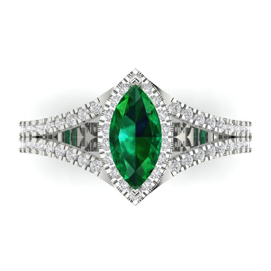 1.2 cttw Simulated Emerald Hidden Halo Engagement Ring - Solid White Gold (VVS1, Marquise Cut,9x4.5mm)