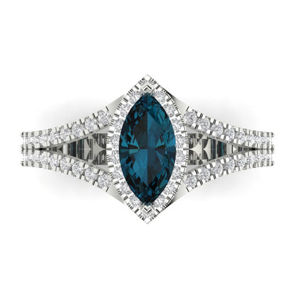 1.2 cttw Natural London Blue Topaz Hidden Halo Engagement Ring - Solid Gold (Marquise Cut,9x4.5mm)
