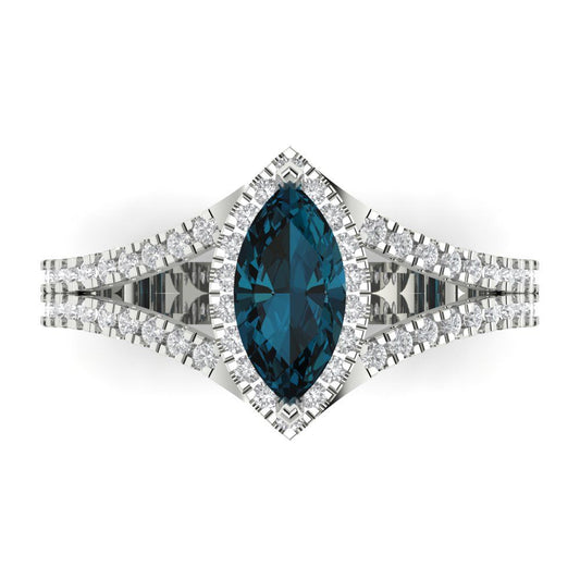 1.2 cttw Natural London Blue Topaz Hidden Halo Engagement Ring - Solid White Gold (VVS1, Marquise Cut,9x4.5mm)