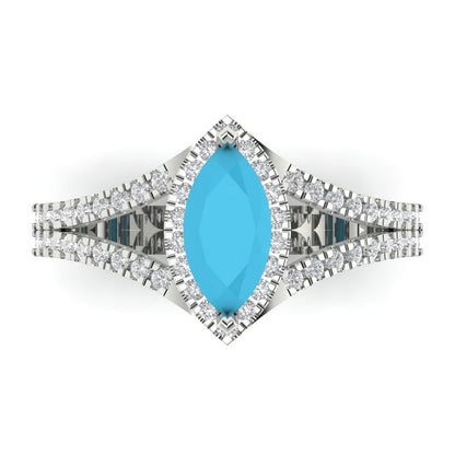 1.2 cttw Simulated Turquoise Hidden Halo Engagement Ring - Solid Gold (Marquise Cut,9x4.5mm)