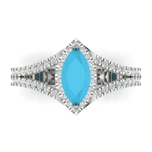 1.2 cttw Simulated Turquoise Hidden Halo Engagement Ring - Solid White Gold (VVS1, Marquise Cut,9x4.5mm)