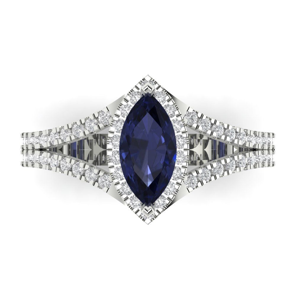 1.2 cttw Simulated Blue Sapphire Hidden Halo Engagement Ring - Solid Gold (Marquise Cut,9x4.5mm)