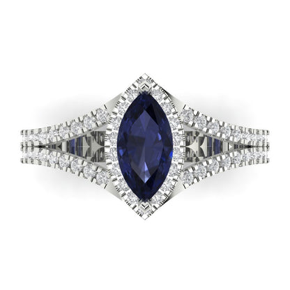 1.2 cttw Simulated Blue Sapphire Hidden Halo Engagement Ring - Solid Gold (Marquise Cut,9x4.5mm)