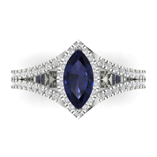 1.2 cttw Simulated Blue Sapphire Hidden Halo Engagement Ring - Solid White Gold (VVS1, Marquise Cut,9x4.5mm)
