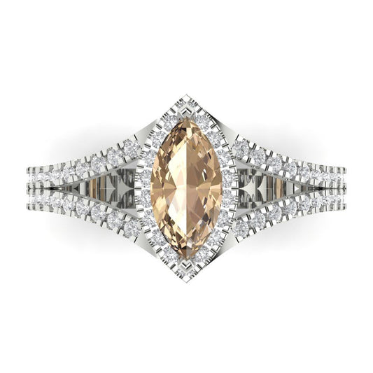 1.2 cttw Yellow Moissanite Hidden Halo Engagement Ring - Solid White Gold (VVS1, Marquise Cut,9x4.5mm)