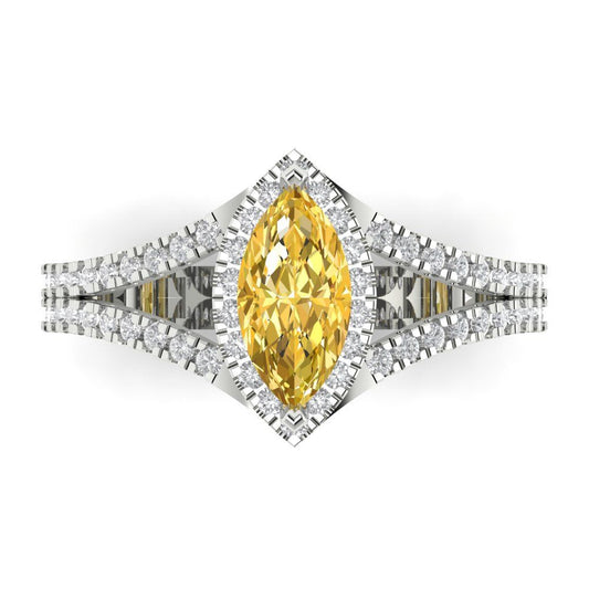 1.2 cttw Zirconia Simulated Yellow Diamond Hidden Halo Engagement Ring - Solid White Gold (VVS1, Marquise Cut,9x4.5mm)