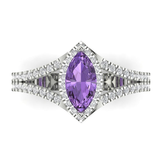 1.2 cttw Simulated Alexandrite Hidden Halo Engagement Ring - Solid White Gold (VVS1, Marquise Cut,9x4.5mm)