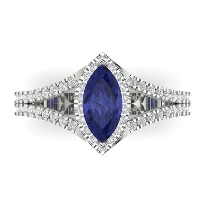 1.2 cttw Simulated Tanzanite Hidden Halo Engagement Ring - Solid Gold (Marquise Cut,9x4.5mm)