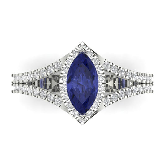 1.2 cttw Simulated Tanzanite Hidden Halo Engagement Ring - Solid White Gold (VVS1, Marquise Cut,9x4.5mm)