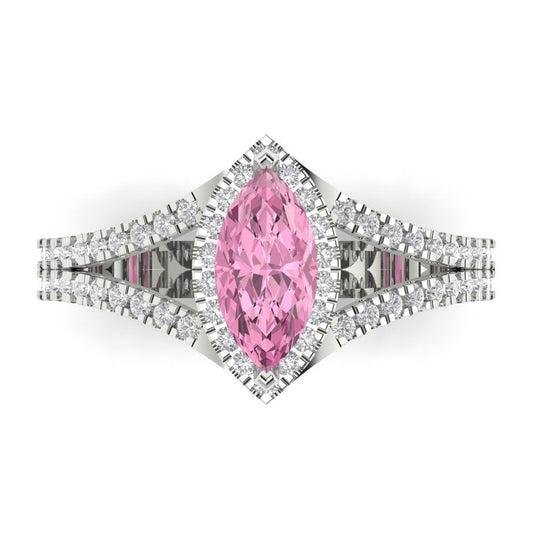 1.2 cttw Zirconia Simulated Pink Diamond Hidden Halo Engagement Ring - Solid White Gold (VVS1, Marquise Cut,9x4.5mm)