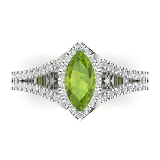 1.2 cttw Natural Peridot Hidden Halo Engagement Ring - Solid White Gold (VVS1, Marquise Cut,9x4.5mm)