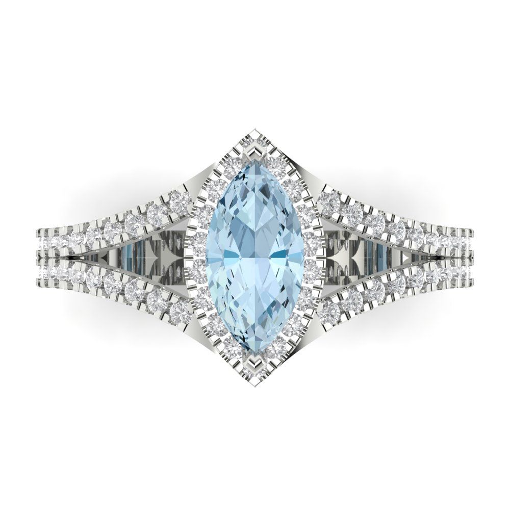 1.2ct Marquise split shank Natural Sky Blue Topaz Promise Bridal Wedding Engagement Classic Designer Ring Solid 14k White Gold