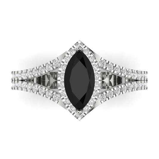 1.2 cttw Natural Onyx Hidden Halo Engagement Ring - Solid White Gold (VVS1, Marquise Cut,9x4.5mm)