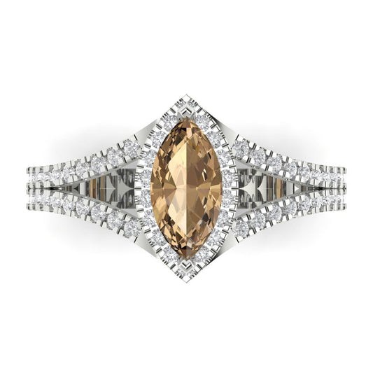 1.2 cttw Zirconia Simulated Champagne Diamond Hidden Halo Engagement Ring - Solid White Gold (VVS1, Marquise Cut,9x4.5mm)