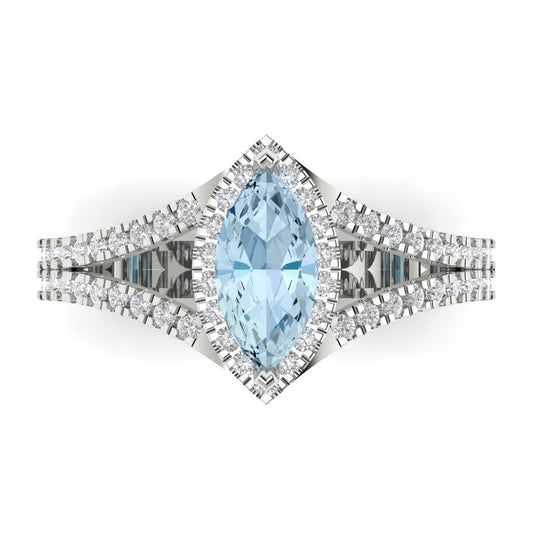 1.2 cttw Natural Sky Blue Topaz Hidden Halo Engagement Ring - Solid White Gold (VVS1, Marquise Cut,9x4.5mm)