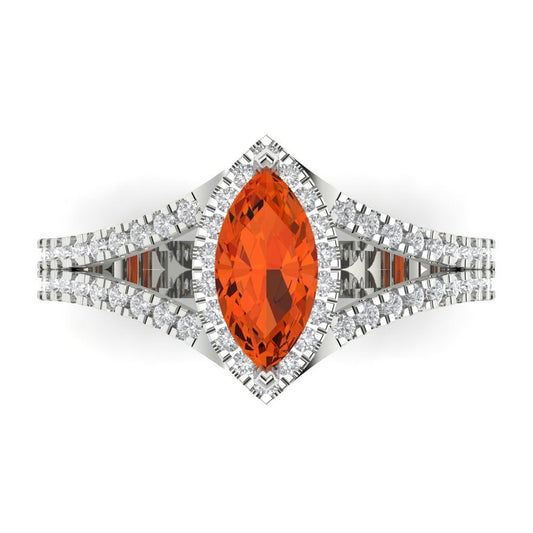 1.2 cttw Zirconia Simulated Red Diamond Hidden Halo Engagement Ring - Solid White Gold (VVS1, Marquise Cut,9x4.5mm)