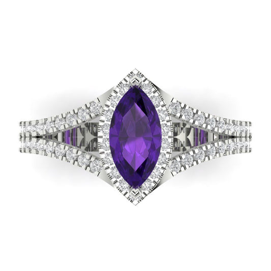 1.2 cttw Natural Amethyst Hidden Halo Engagement Ring - Solid White Gold (VVS1, Marquise Cut,9x4.5mm)