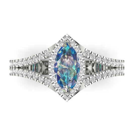 1.2 cttw Blue Moissanite Hidden Halo Engagement Ring - Solid White Gold (VVS1, Marquise Cut,9x4.5mm)