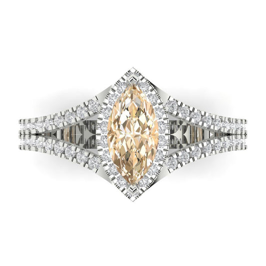 1.2 cttw Natural Morganite Hidden Halo Engagement Ring - Solid White Gold (VVS1, Marquise Cut,9x4.5mm)