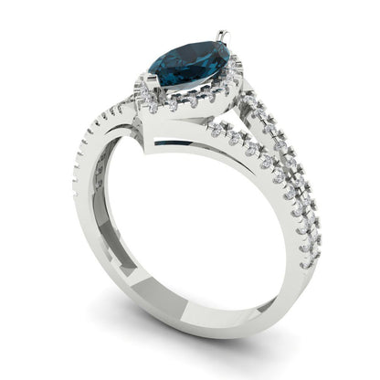1.2 cttw Natural London Blue Topaz Hidden Halo Engagement Ring - Solid Gold (Marquise Cut,9x4.5mm)