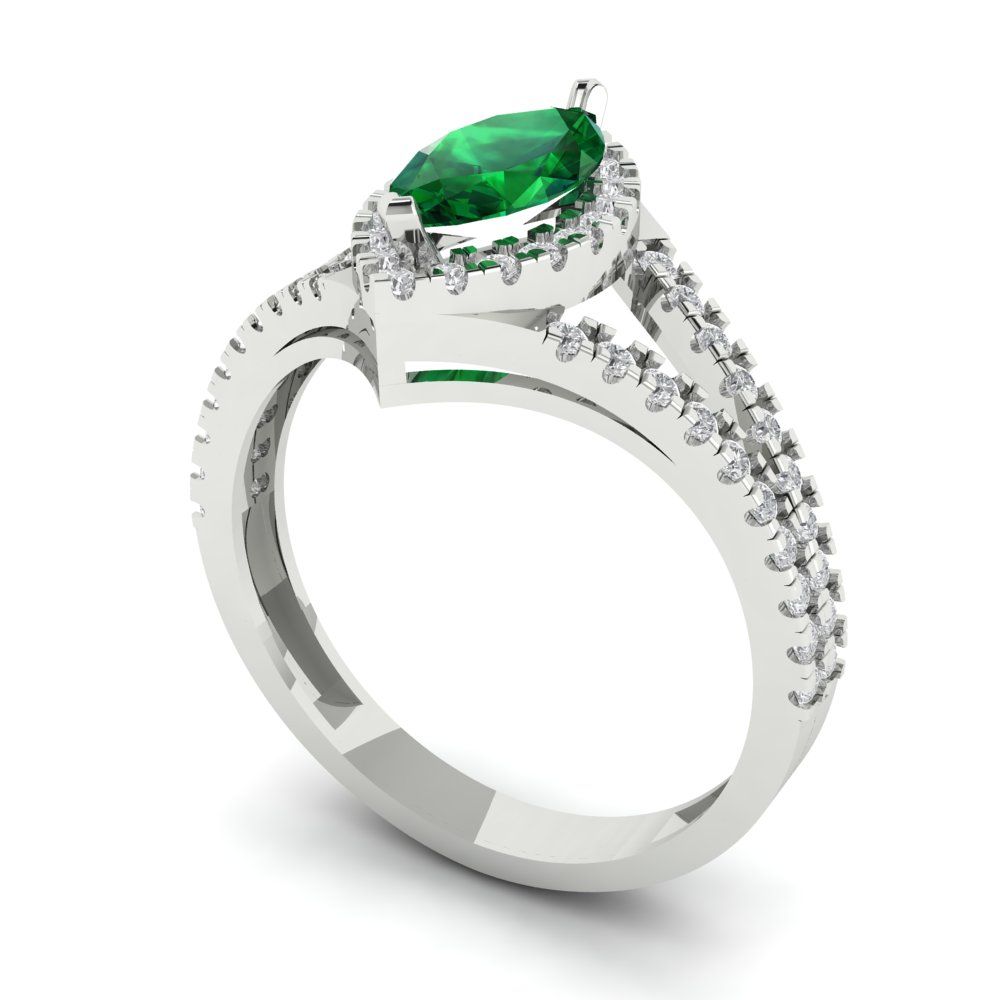1.2 cttw Simulated Emerald Hidden Halo Engagement Ring - Solid Gold (Marquise Cut,9x4.5mm)