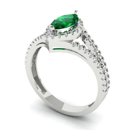 1.2 cttw Simulated Emerald Hidden Halo Engagement Ring - Solid Gold (Marquise Cut,9x4.5mm)