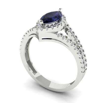 1.2 cttw Simulated Blue Sapphire Hidden Halo Engagement Ring - Solid Gold (Marquise Cut,9x4.5mm)