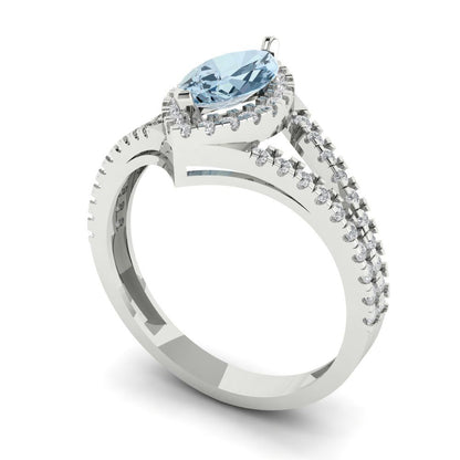 1.2 cttw Natural Aquamarine Hidden Halo Engagement Ring - Solid Gold (Marquise Cut,9x4.5mm)