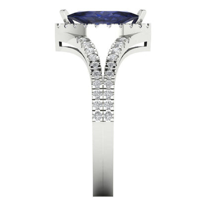 1.2 cttw Simulated Blue Sapphire Hidden Halo Engagement Ring - Solid Gold (Marquise Cut,9x4.5mm)
