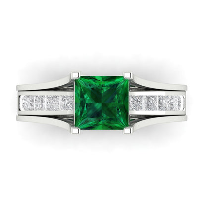 2.28 cttw Princess Cut Simulated Emerald Bridal Set - Solid White Gold Engagement Ring & Wedding Band