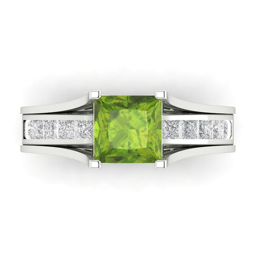 2.28 cttw Princess Cut Natural Peridot Bridal Set - Solid White Gold Engagement Ring & Wedding Band