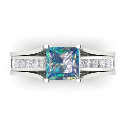 2.28 cttw Princess Cut Blue Moissanite Bridal Set - Solid White Gold Engagement Ring & Wedding Band
