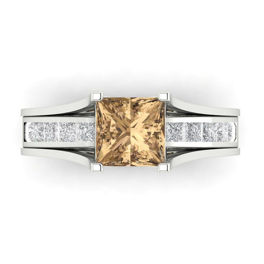2.28 cttw Princess Cut Simulated Champagne Diamond Bridal Set - Solid White Gold Engagement Ring & Wedding Band