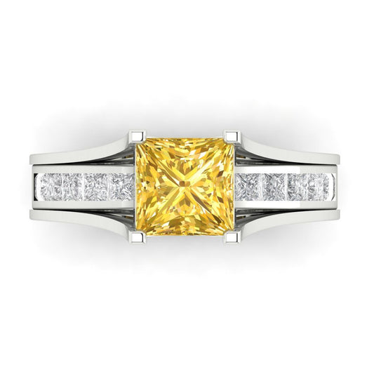 2.28 cttw Princess Cut Simulated Yellow Diamond Bridal Set - Solid White Gold Engagement Ring & Wedding Band